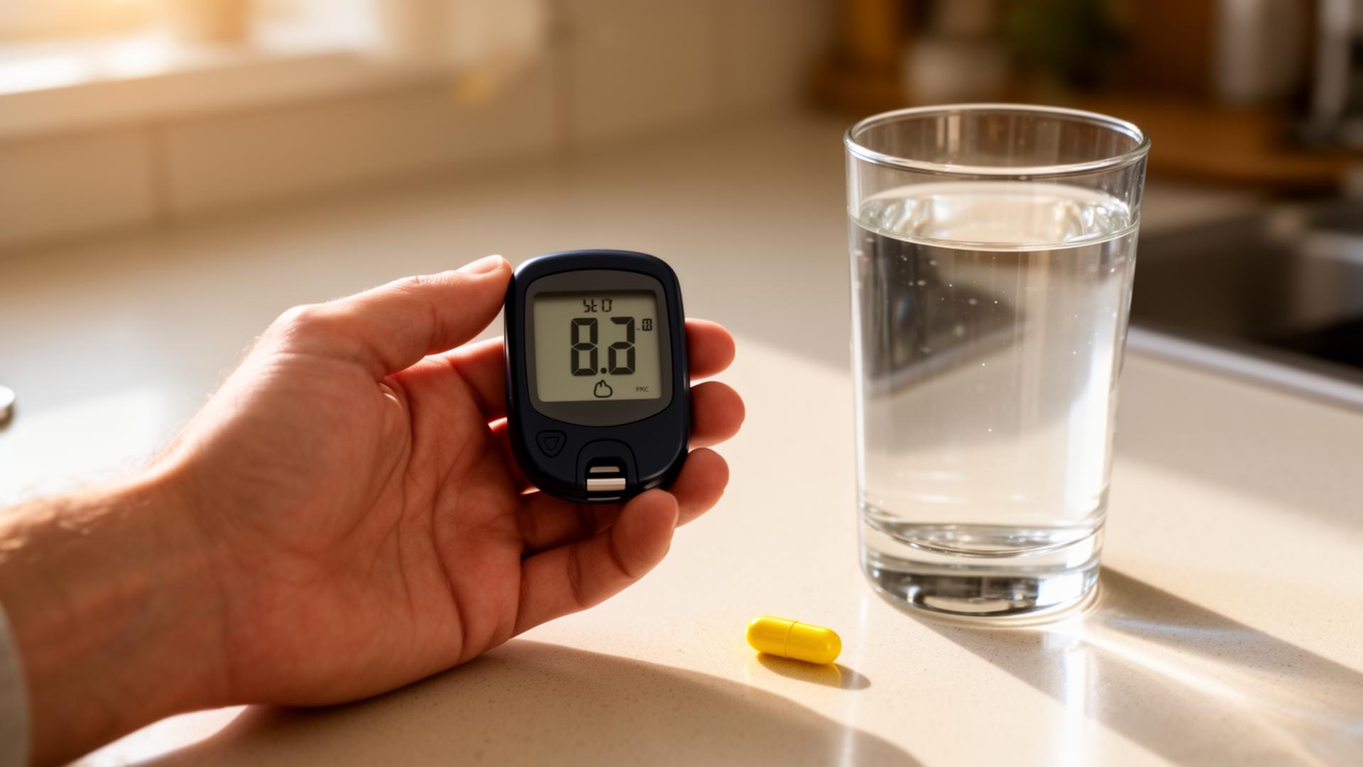 A hand holding a generic blood glucose meter next to a glass of water and a single yellow berberine capsule on a kitchen counter