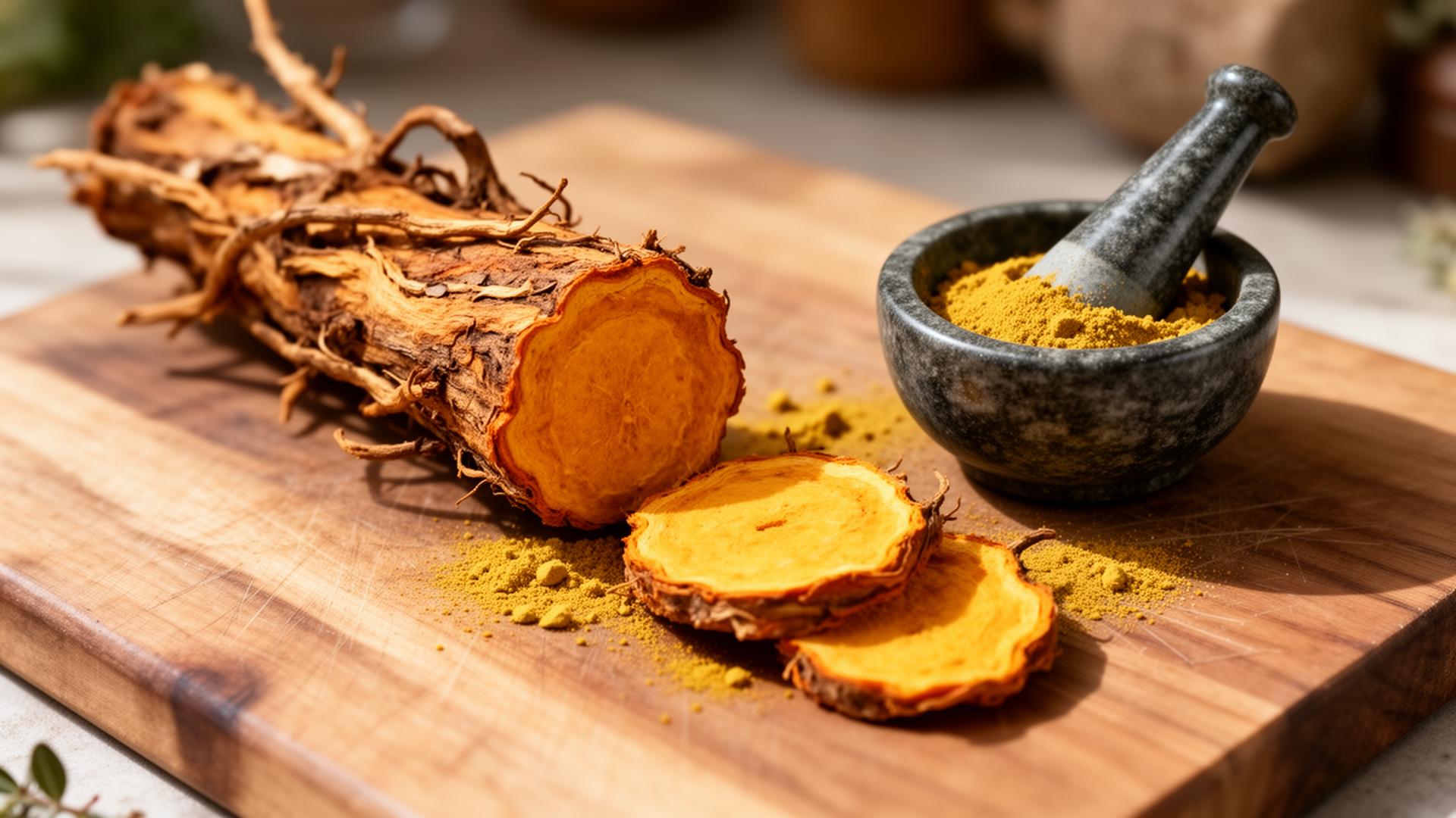 Macro shot of dried Berberis root being sliced and ground into bright yellow powder on a wooden board