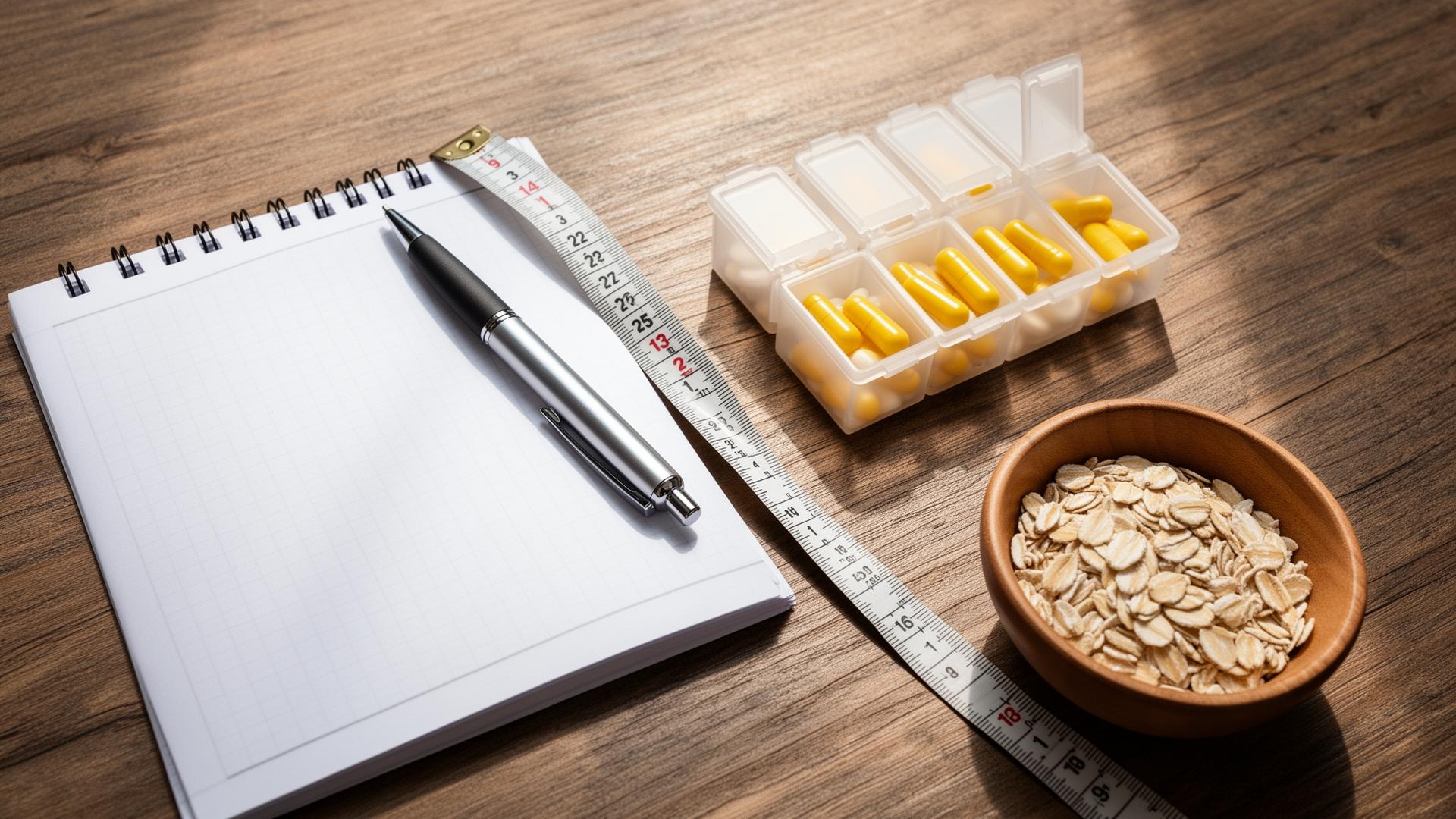 Flat-lay of a wooden table with a notebook, pen, weekly pill organizer holding yellow capsules, a tape measure, and a small bowl of oats