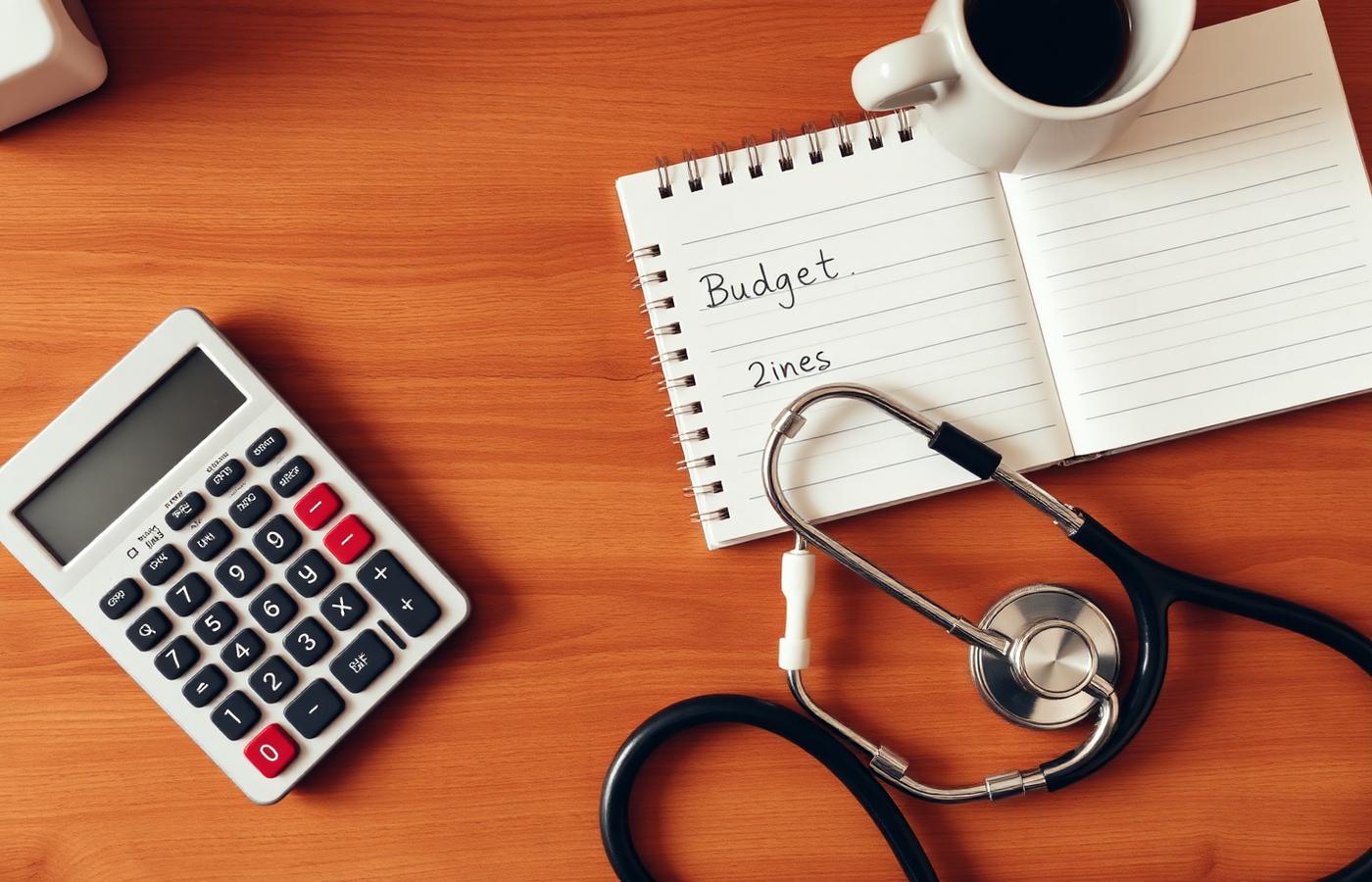 Desk with calculator, notebook and stethoscope representing TRT budgeting