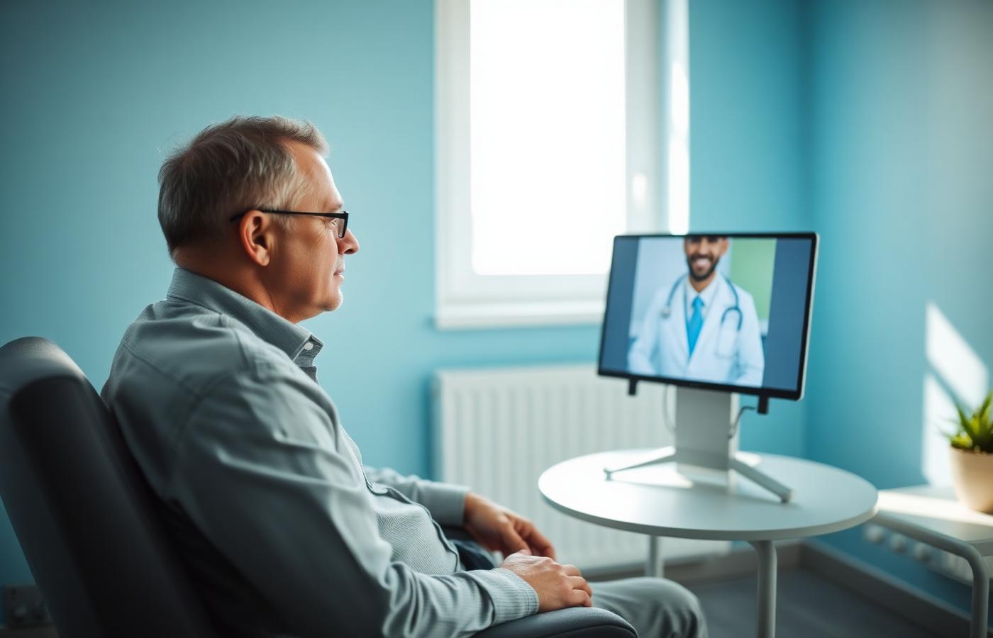 A patient consulting a clinician through a telehealth visit